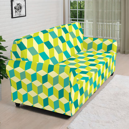 Green Geometric Cube Shape Pattern Print Sofa Cover