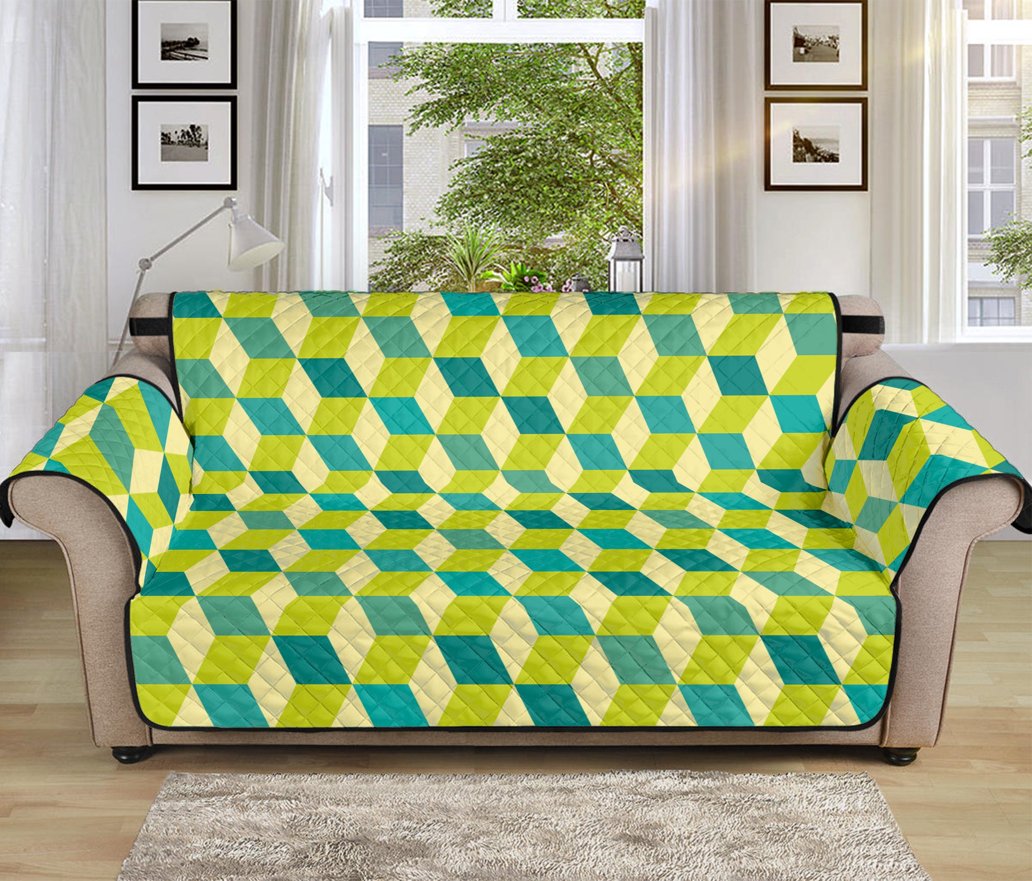 Green Geometric Cube Shape Pattern Print Sofa Protector