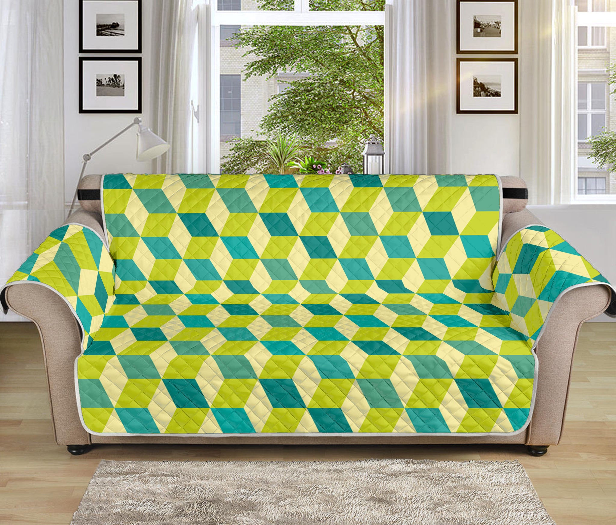 Green Geometric Cube Shape Pattern Print Sofa Protector