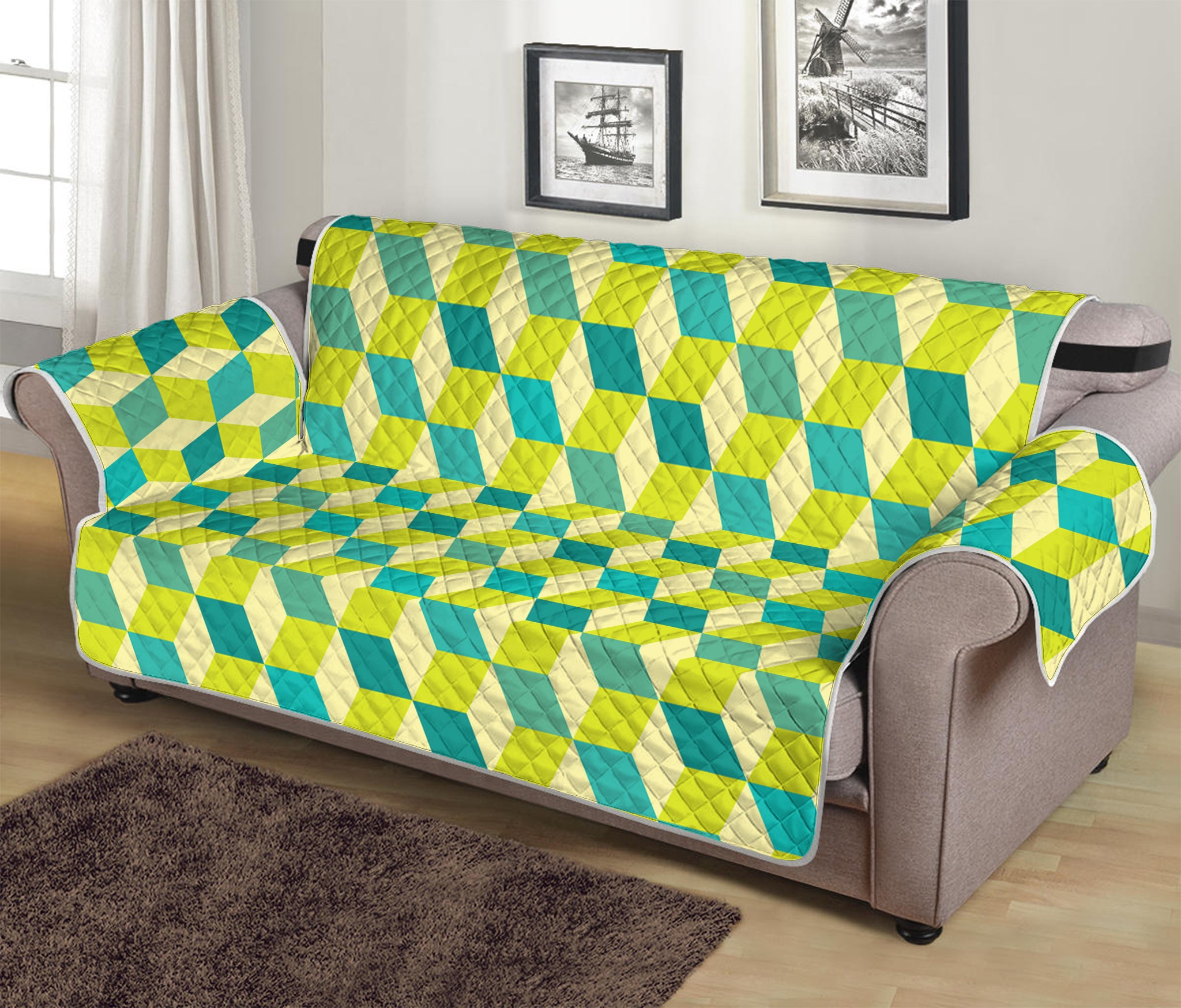 Green Geometric Cube Shape Pattern Print Sofa Protector