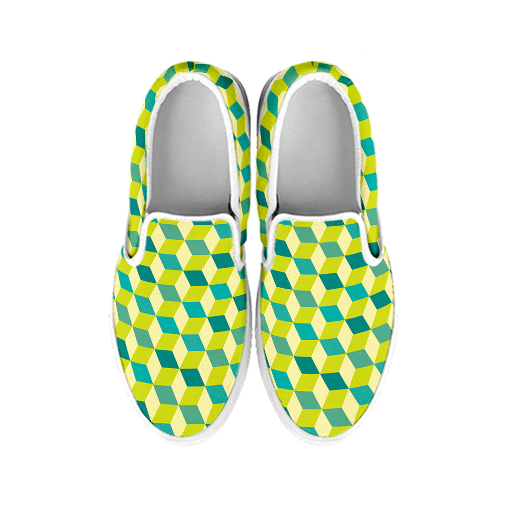 Green Geometric Cube Shape Pattern Print White Slip On Shoes