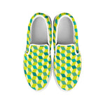 Green Geometric Cube Shape Pattern Print White Slip On Shoes