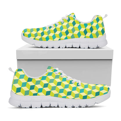 Green Geometric Cube Shape Pattern Print White Sneakers