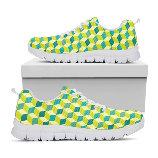 Green Geometric Cube Shape Pattern Print White Sneakers