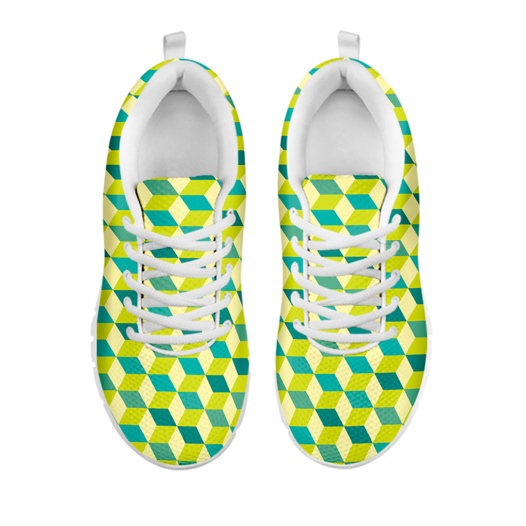 Green Geometric Cube Shape Pattern Print White Sneakers