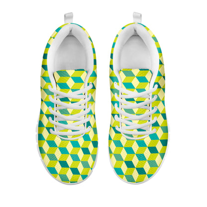 Green Geometric Cube Shape Pattern Print White Sneakers
