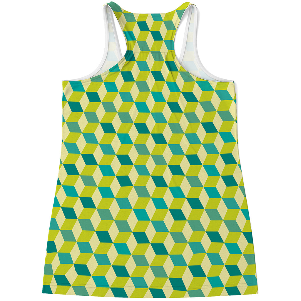 Green Geometric Cube Shape Pattern Print Women's Racerback Tank Top