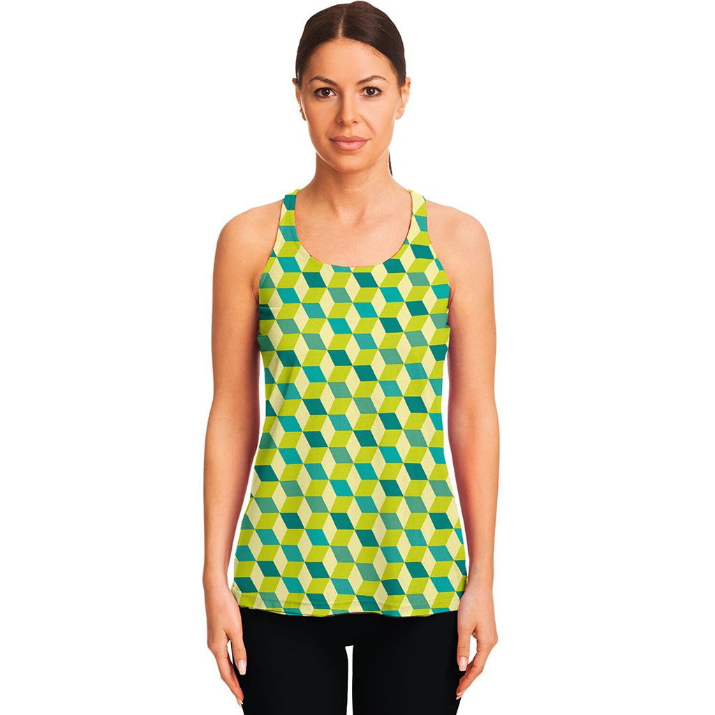 Green Geometric Cube Shape Pattern Print Women's Racerback Tank Top