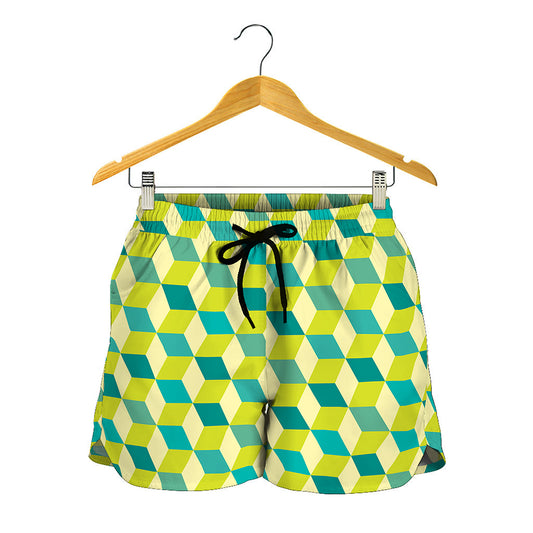 Green Geometric Cube Shape Pattern Print Women's Shorts