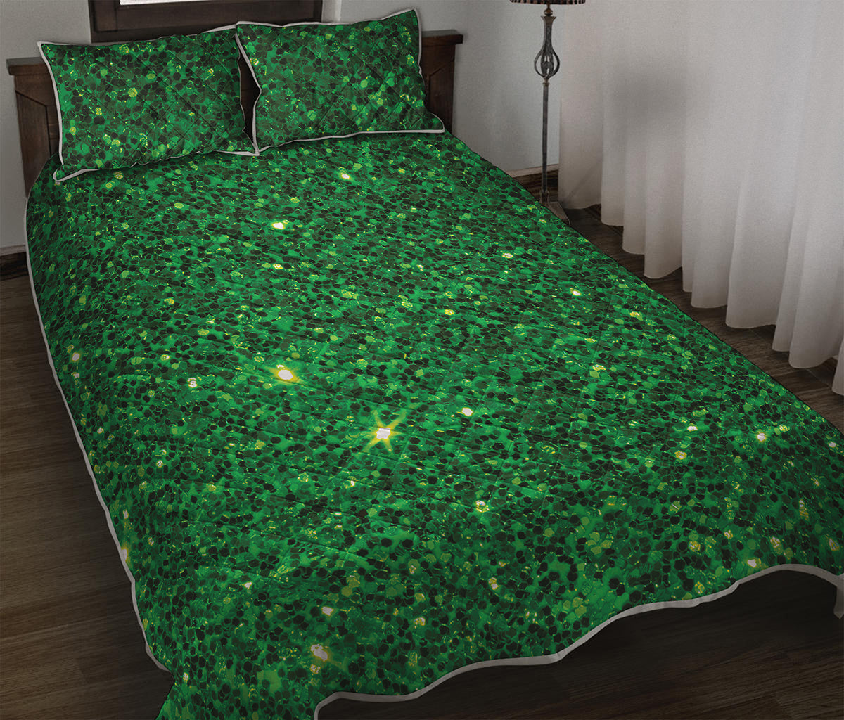 Green Glitter Artwork Print (NOT Real Glitter) Quilt Bed Set
