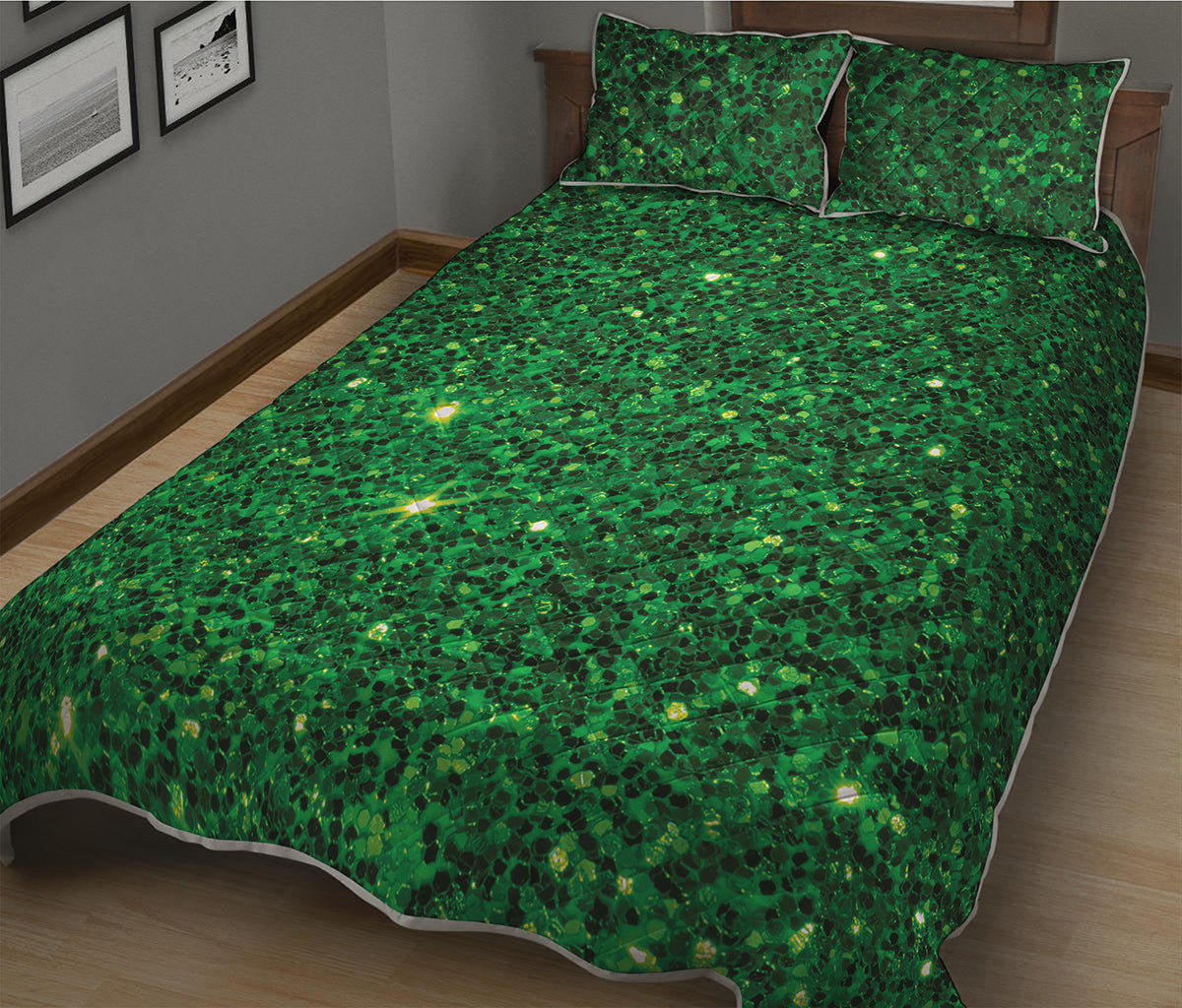 Green Glitter Artwork Print (NOT Real Glitter) Quilt Bed Set