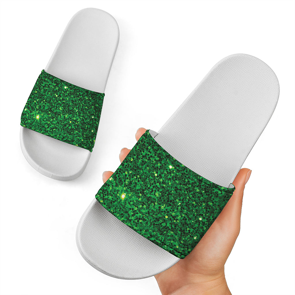 Green Glitter Artwork Print (NOT Real Glitter) White Slide Sandals
