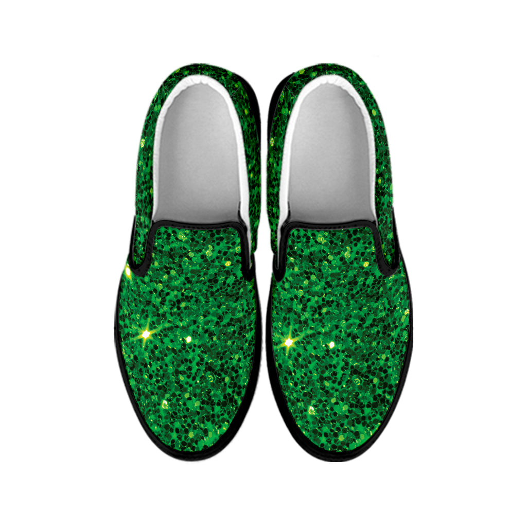 Green Glitter Texture Print Black Slip On Shoes