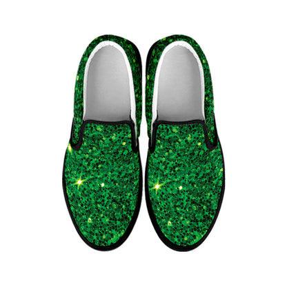 Green Glitter Texture Print Black Slip On Shoes
