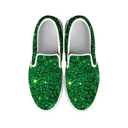 Green Glitter Texture Print White Slip On Shoes