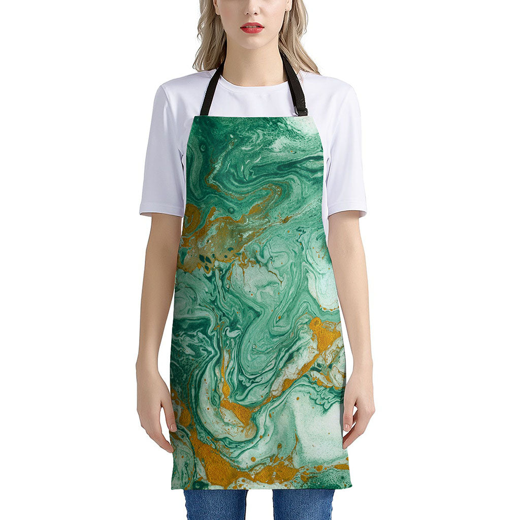 Green Gold Liquid Marble Print Apron