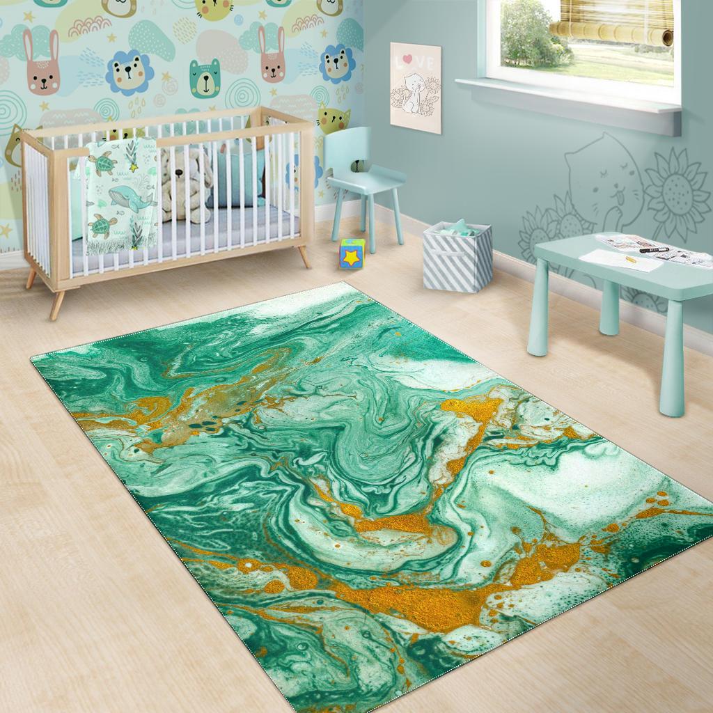 Green Gold Liquid Marble Print Area Rug GearFrost