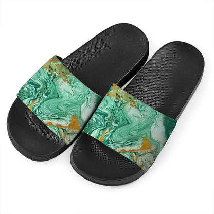 Green Gold Liquid Marble Print Black Slide Sandals