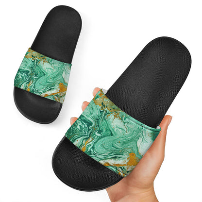 Green Gold Liquid Marble Print Black Slide Sandals