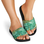 Green Gold Liquid Marble Print Black Slide Sandals
