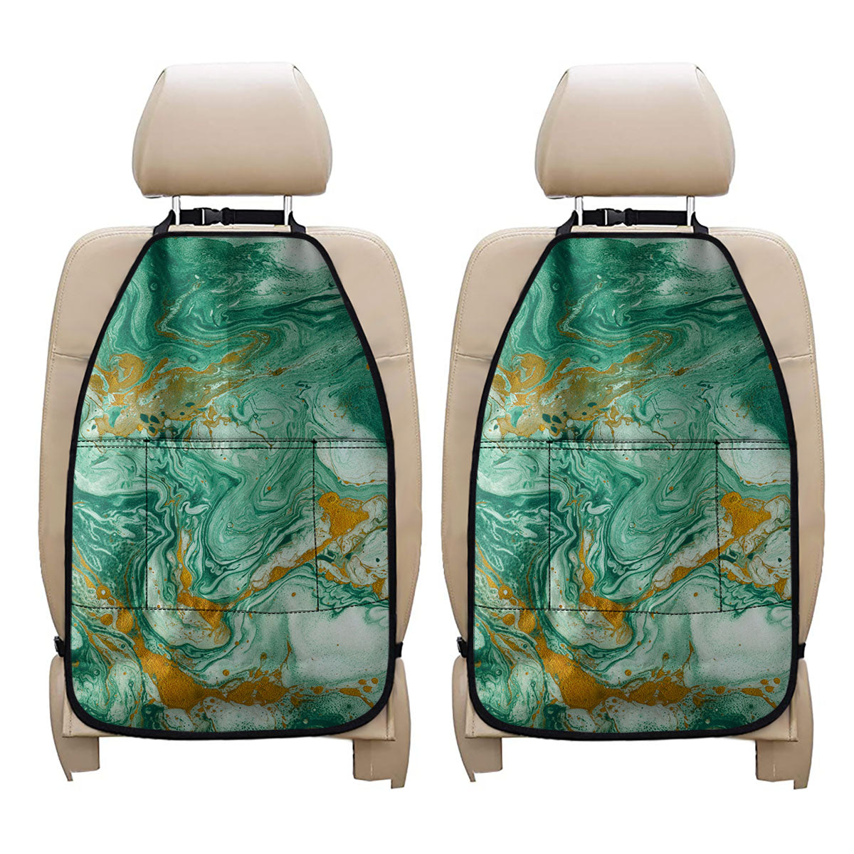 Green Gold Liquid Marble Print Car Seat Organizers