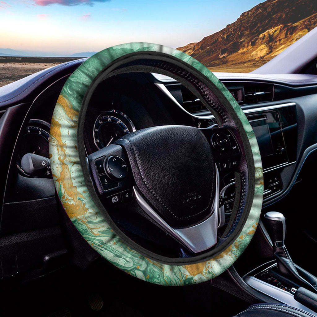 Green Gold Liquid Marble Print Car Steering Wheel Cover