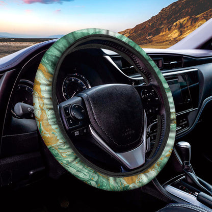 Green Gold Liquid Marble Print Car Steering Wheel Cover
