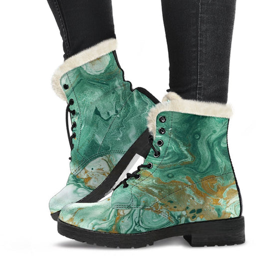 Green Gold Liquid Marble Print Comfy Boots GearFrost