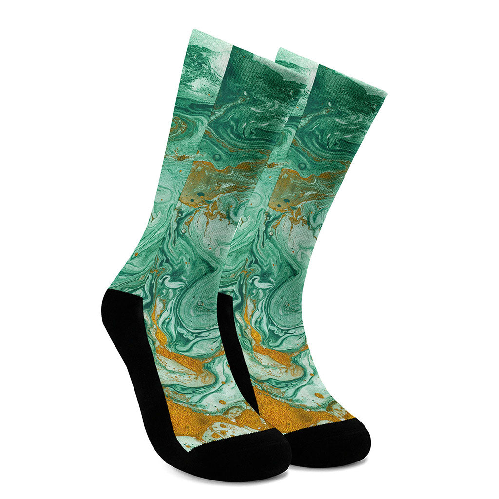 Green Gold Liquid Marble Print Crew Socks