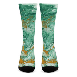 Green Gold Liquid Marble Print Crew Socks