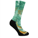 Green Gold Liquid Marble Print Crew Socks