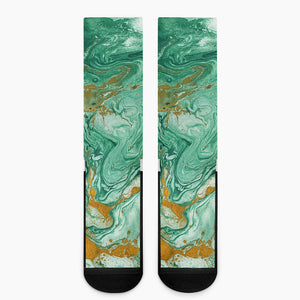 Green Gold Liquid Marble Print Crew Socks