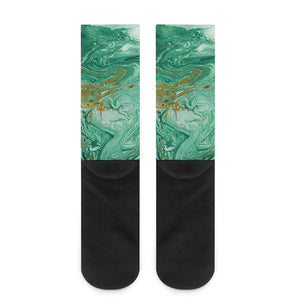 Green Gold Liquid Marble Print Crew Socks