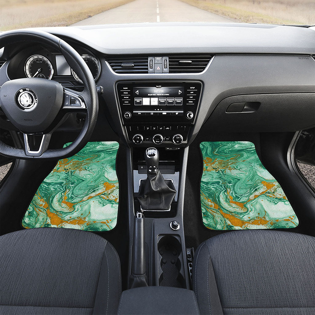 Green Gold Liquid Marble Print Front and Back Car Floor Mats