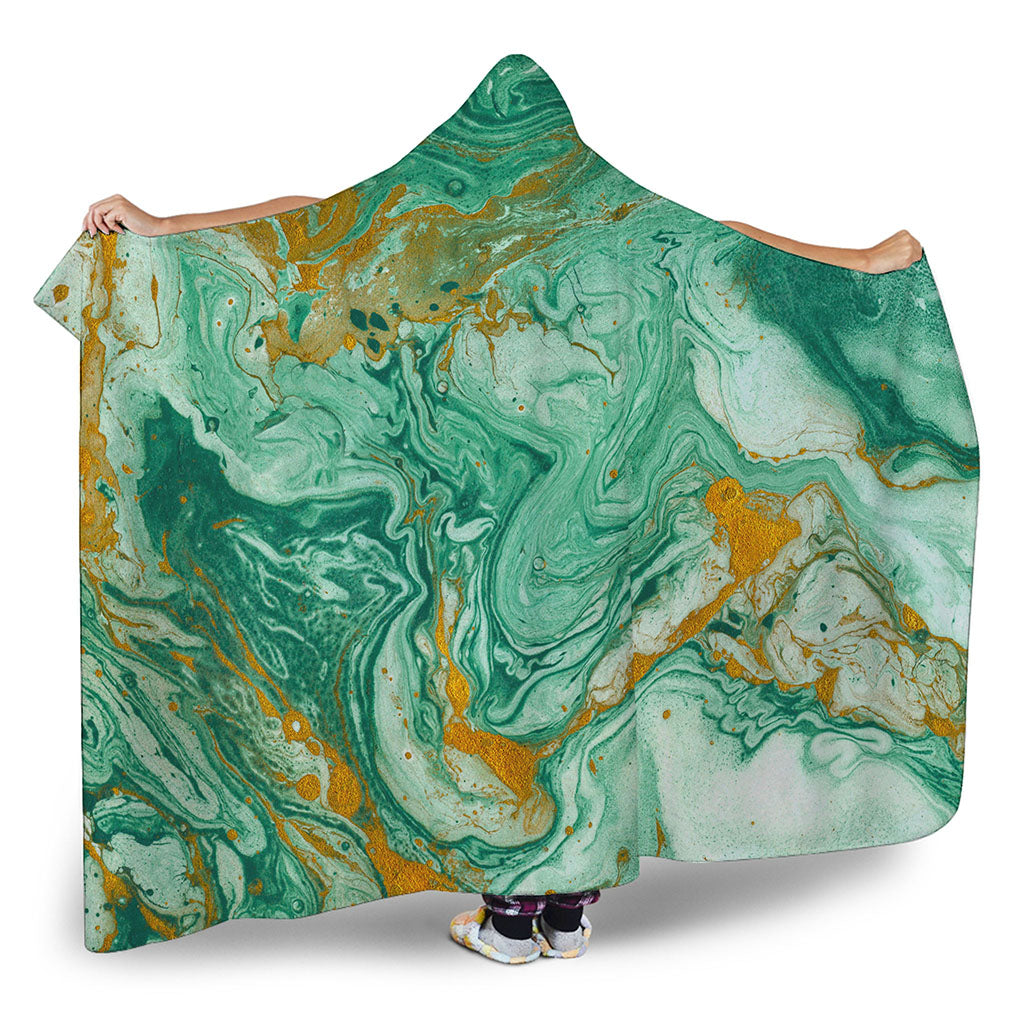 Green Gold Liquid Marble Print Hooded Blanket