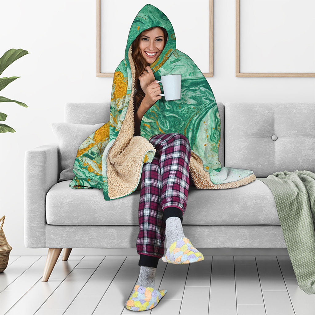 Green Gold Liquid Marble Print Hooded Blanket