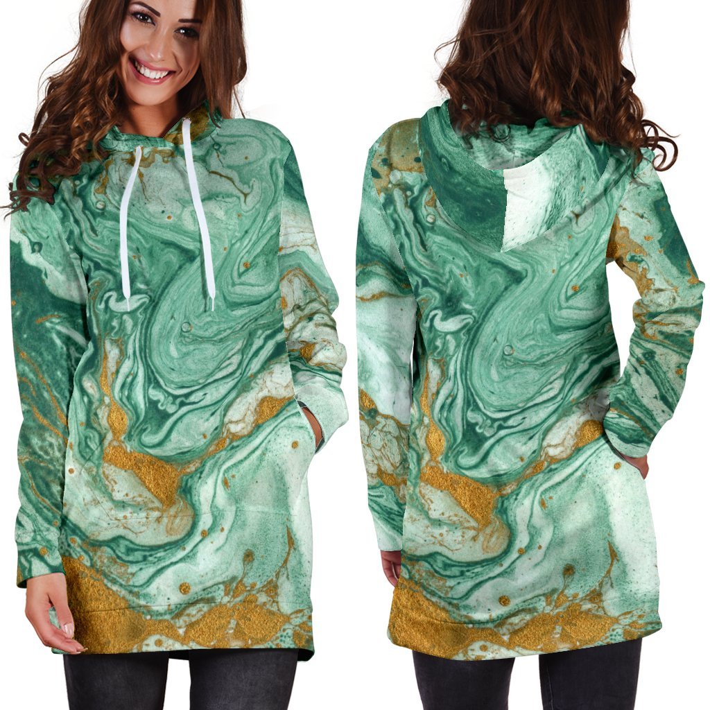 Green Gold Liquid Marble Print Hoodie Dress GearFrost
