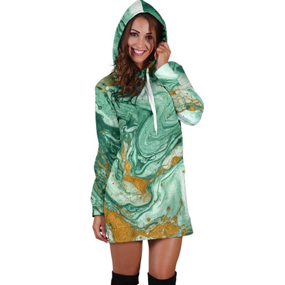 Green Gold Liquid Marble Print Hoodie Dress GearFrost