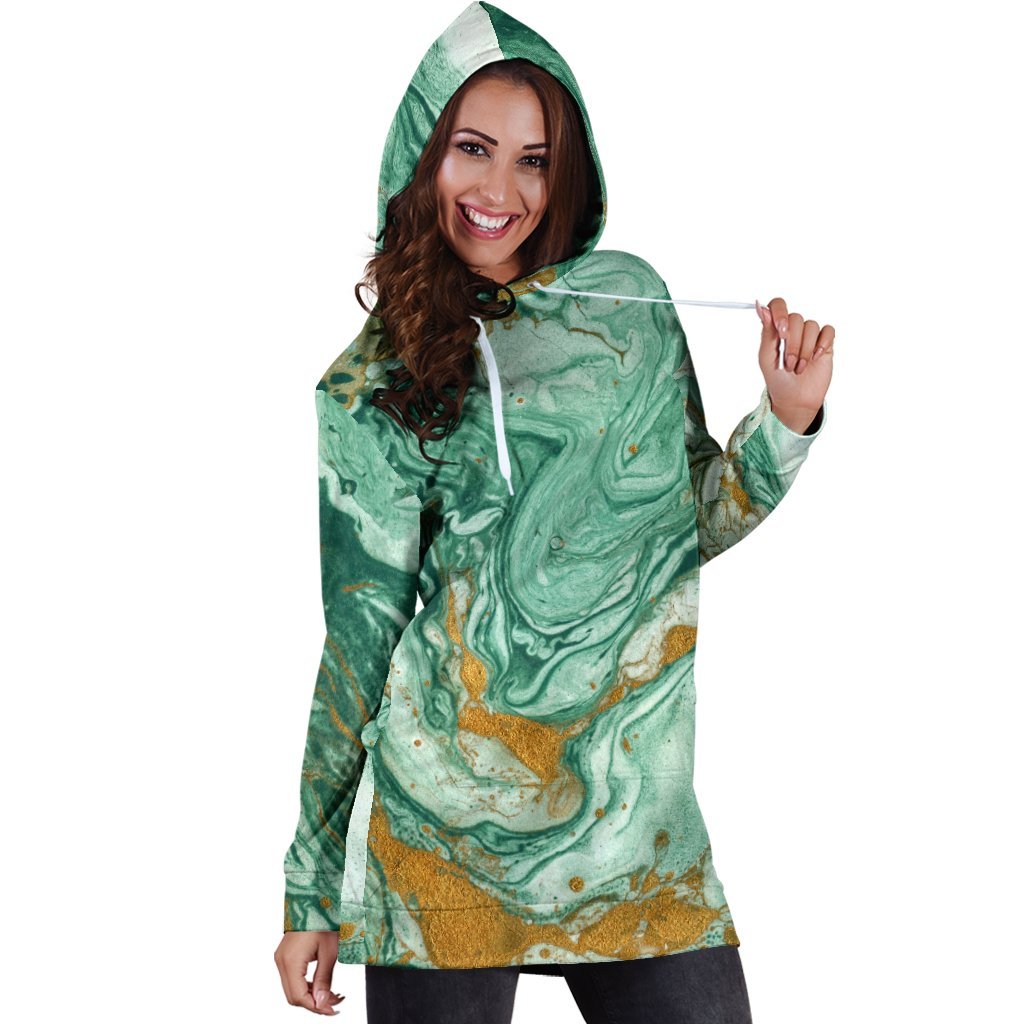 Green Gold Liquid Marble Print Hoodie Dress GearFrost
