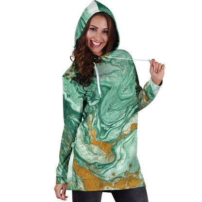 Green Gold Liquid Marble Print Hoodie Dress GearFrost