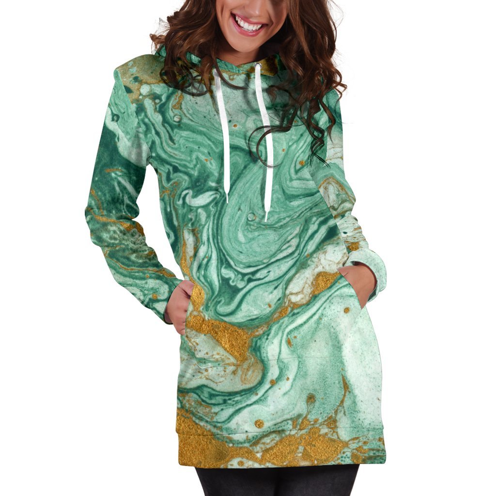 Green Gold Liquid Marble Print Hoodie Dress GearFrost