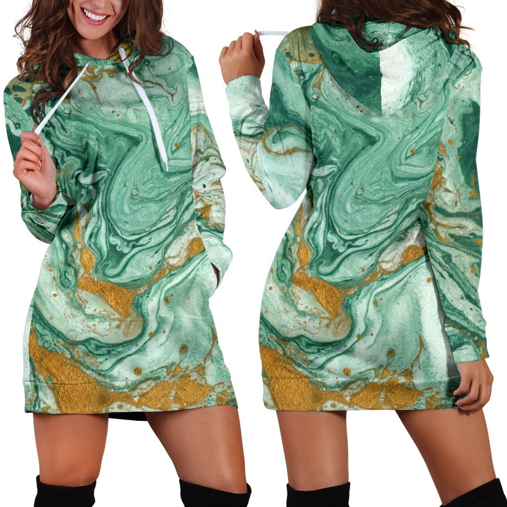 Green Gold Liquid Marble Print Hoodie Dress GearFrost