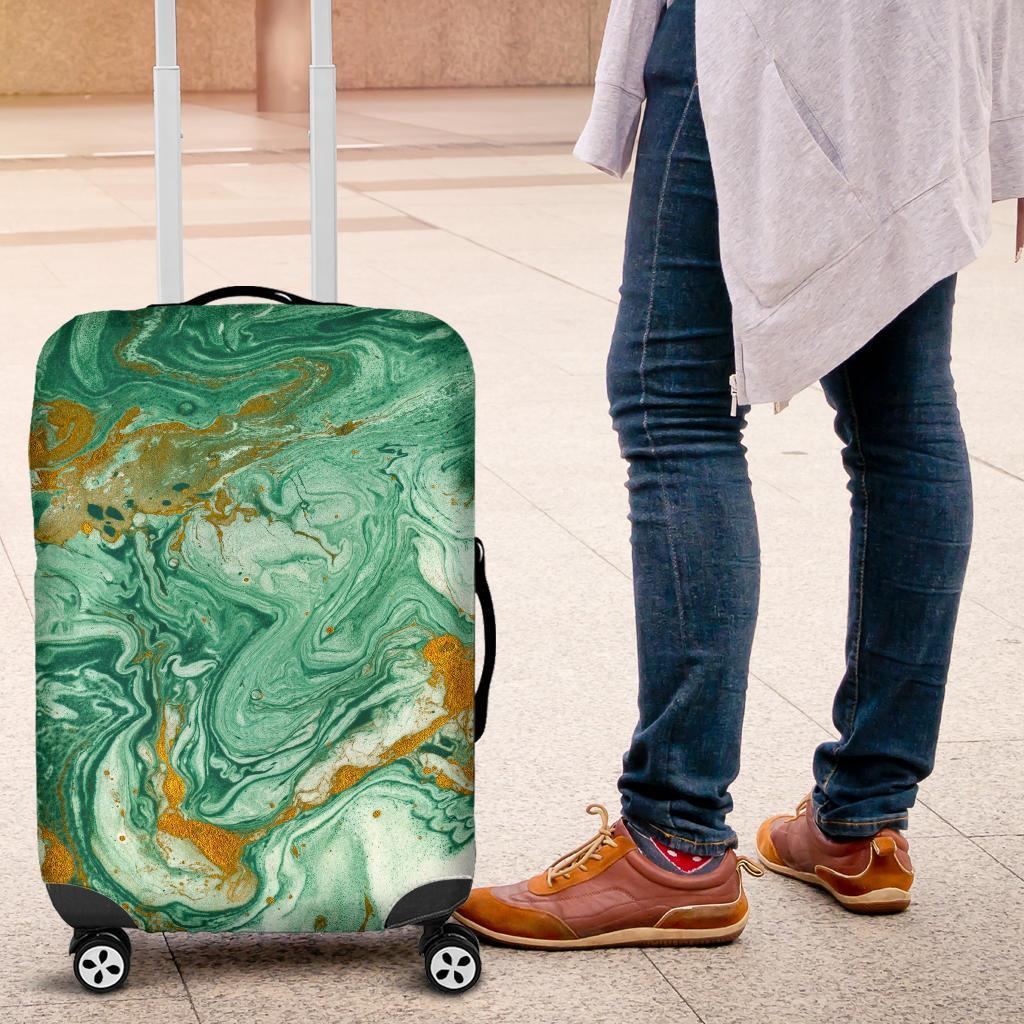 Green Gold Liquid Marble Print Luggage Cover GearFrost