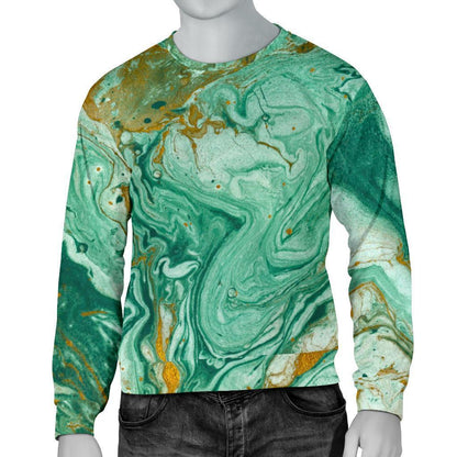 Green Gold Liquid Marble Print Men's Crewneck Sweatshirt GearFrost