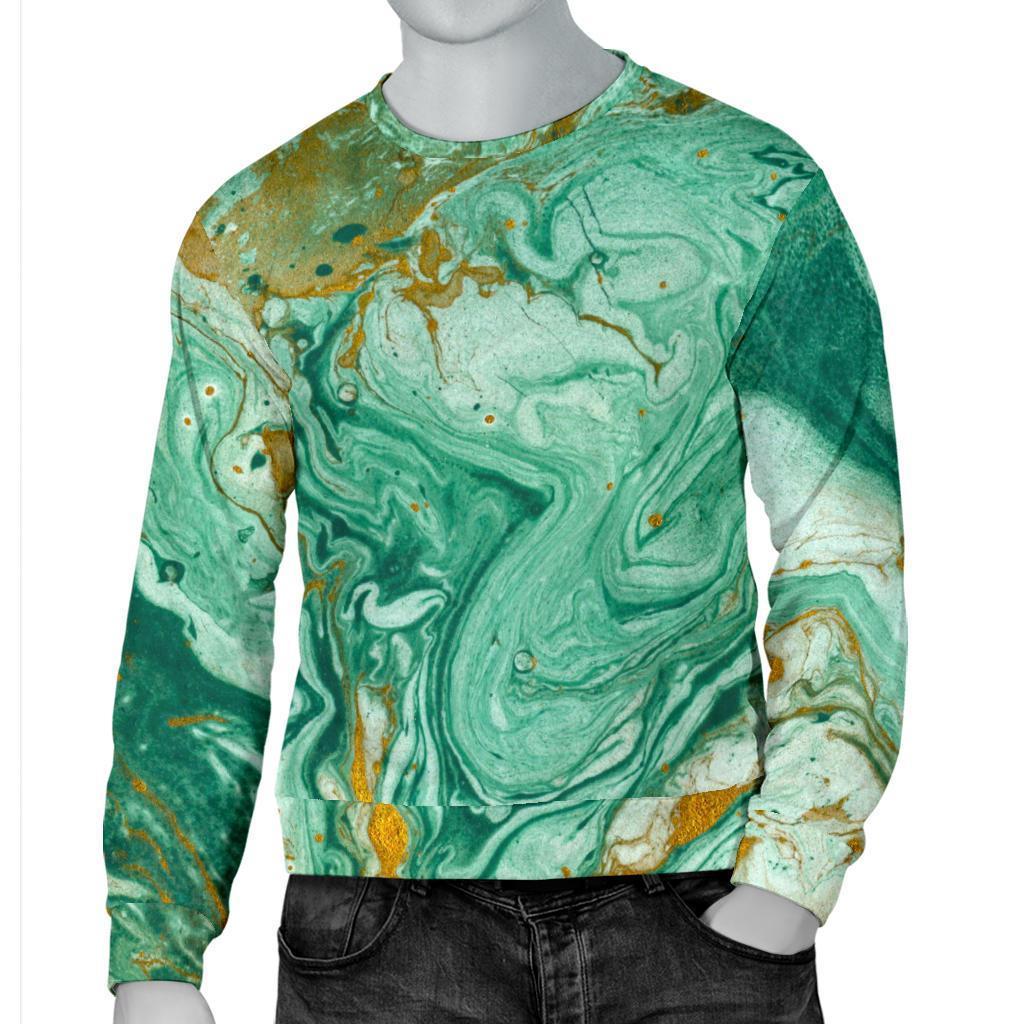 Green Gold Liquid Marble Print Men's Crewneck Sweatshirt GearFrost