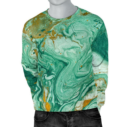 Green Gold Liquid Marble Print Men's Crewneck Sweatshirt GearFrost