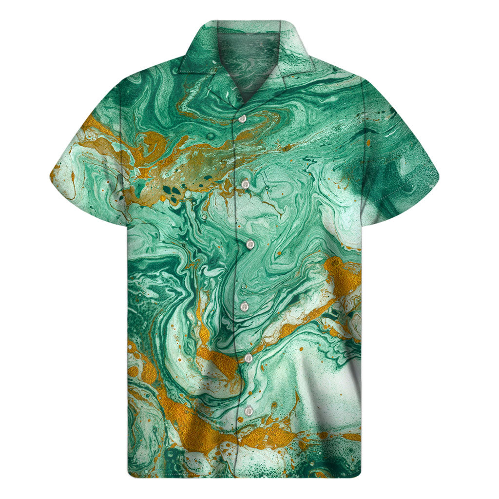 Green Gold Liquid Marble Print Men's Short Sleeve Shirt