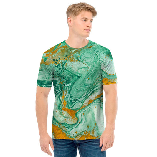 Green Gold Liquid Marble Print Men's T-Shirt