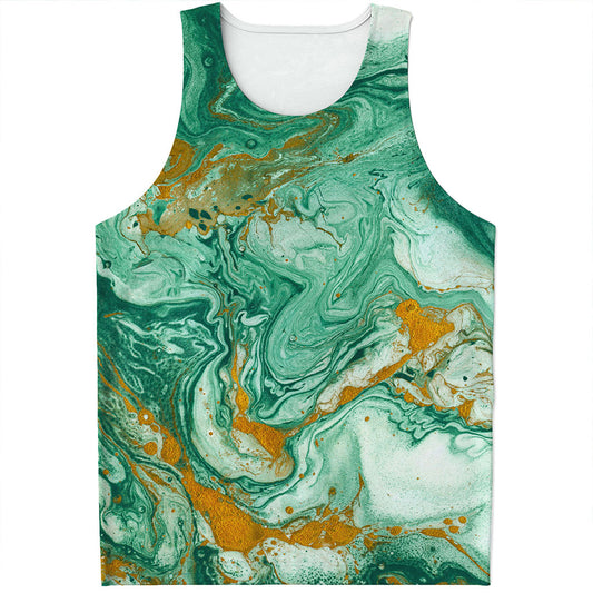 Green Gold Liquid Marble Print Men's Tank Top