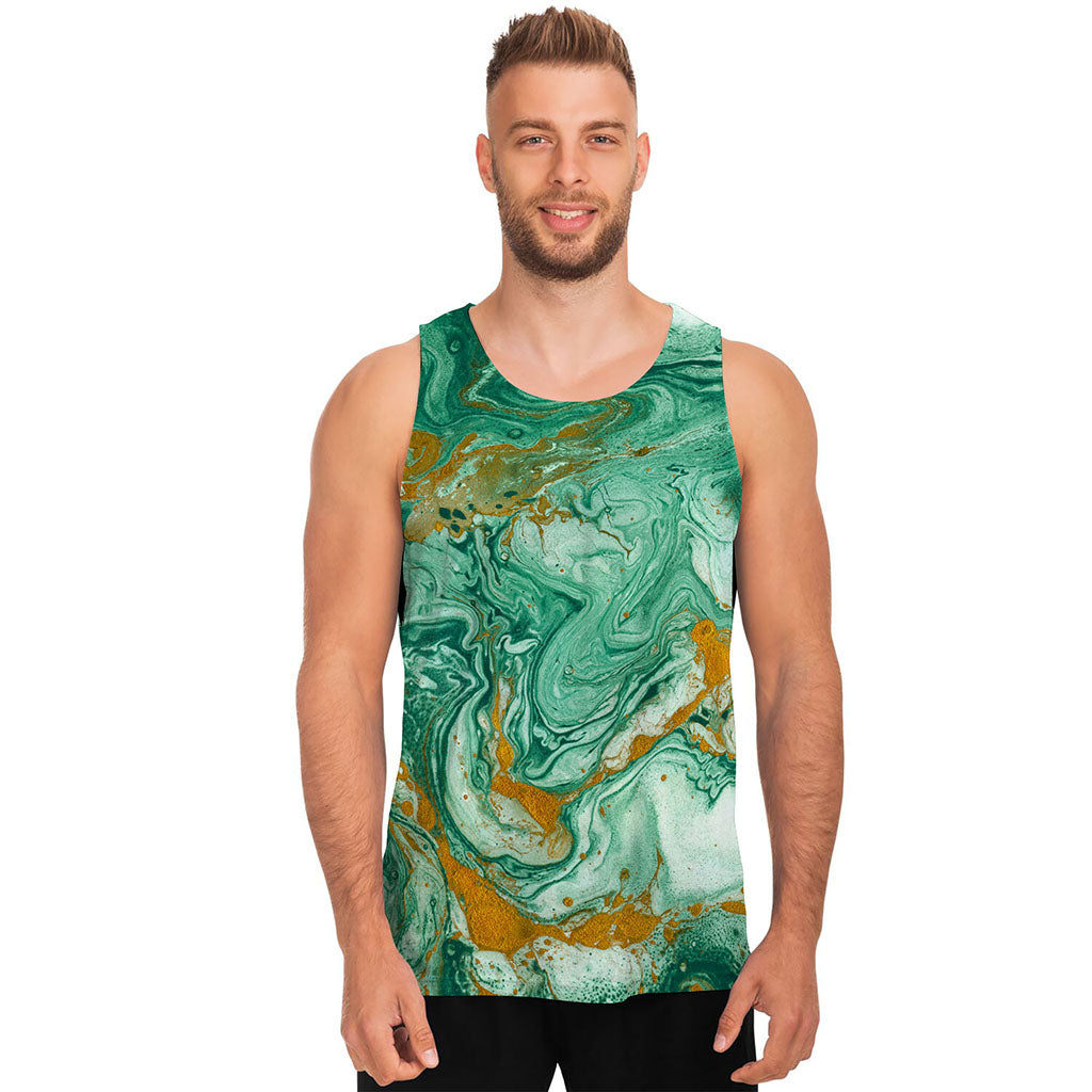 Green Gold Liquid Marble Print Men's Tank Top